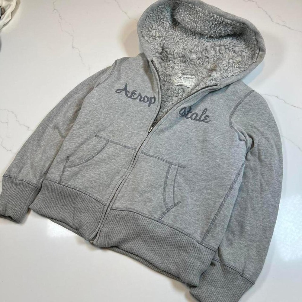 Aeropostale Gray Sherpa Lined Full Zip Hoodie Y2K Logo Sweatshirt Large